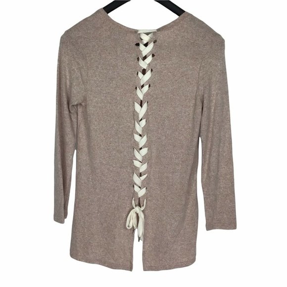 Pure Rebel Marled Hi Lo Lace up Back Top Dusty Rose Long Sleeve Soft Cotton - Picture 2 of 3